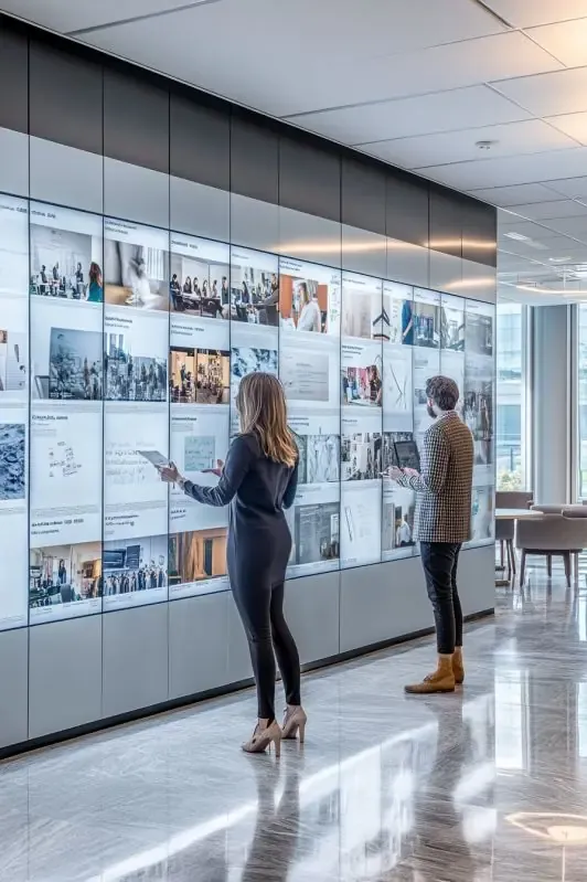 Reference visual of visitors at a large interactive photo wall