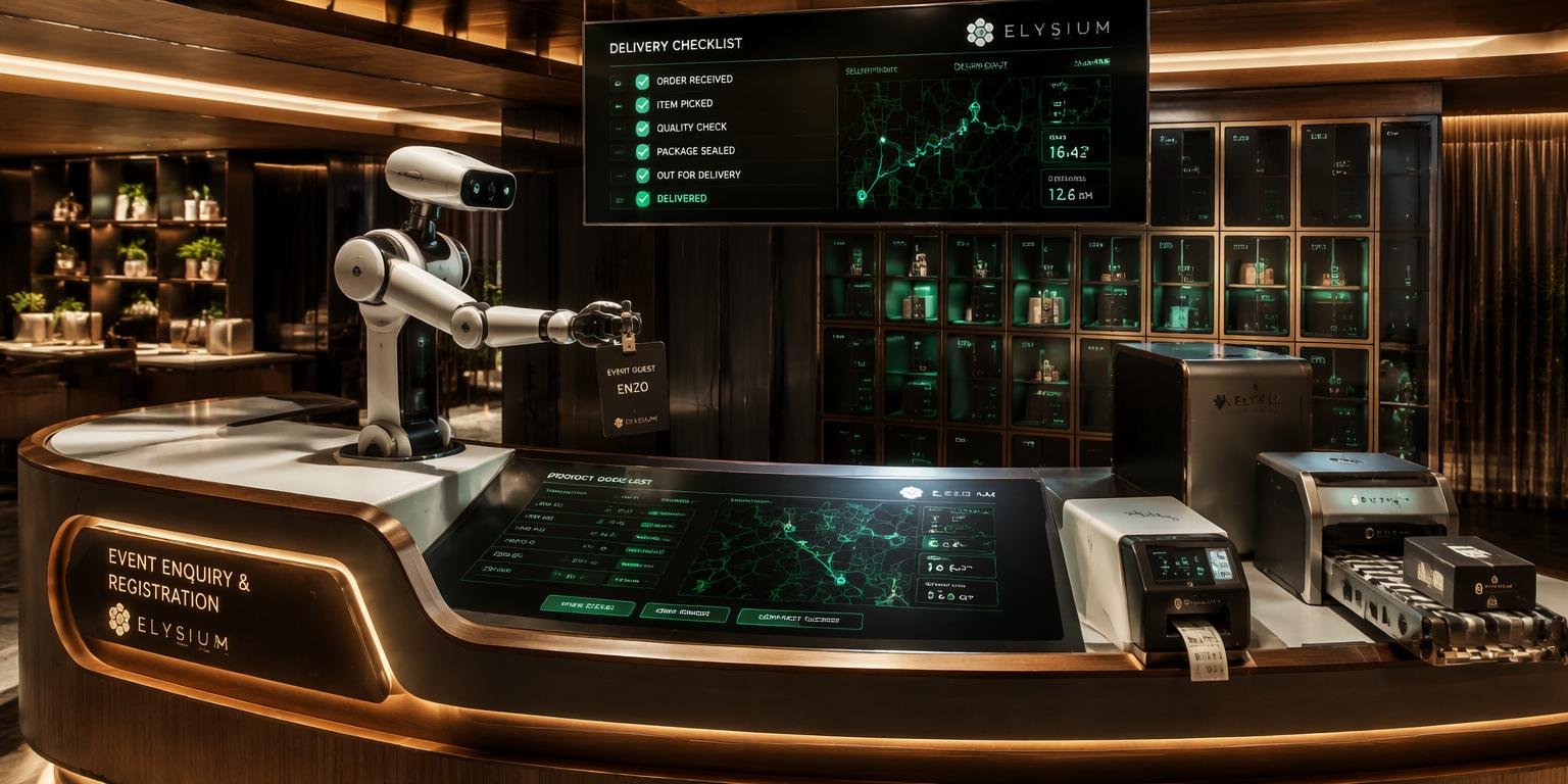 Futuristic enquiry and registration desk with robotic concierge and glowing order screen
