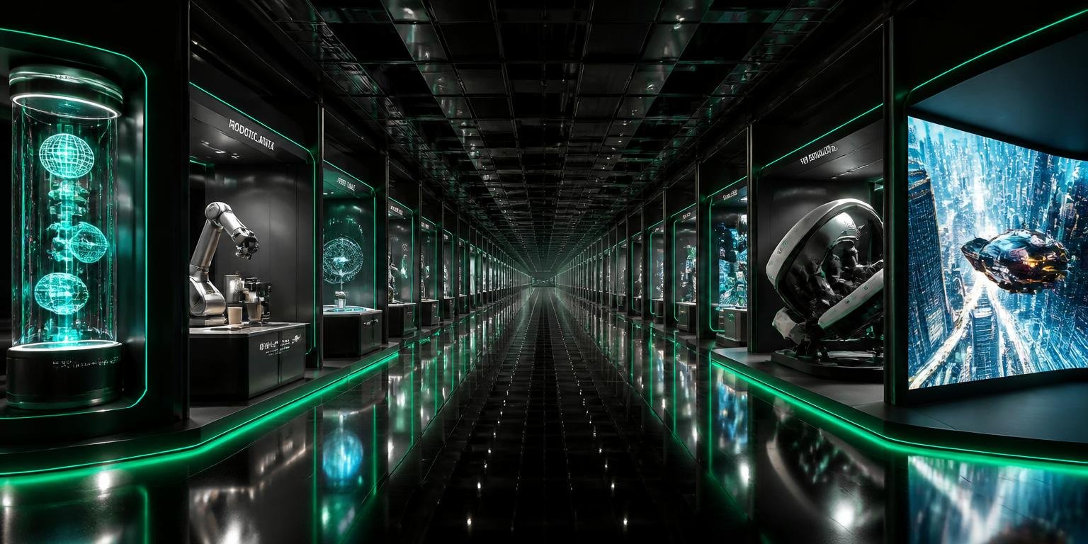 Endless showroom aisle of FAIM event technology bays, holograms, robotics and interactive tables