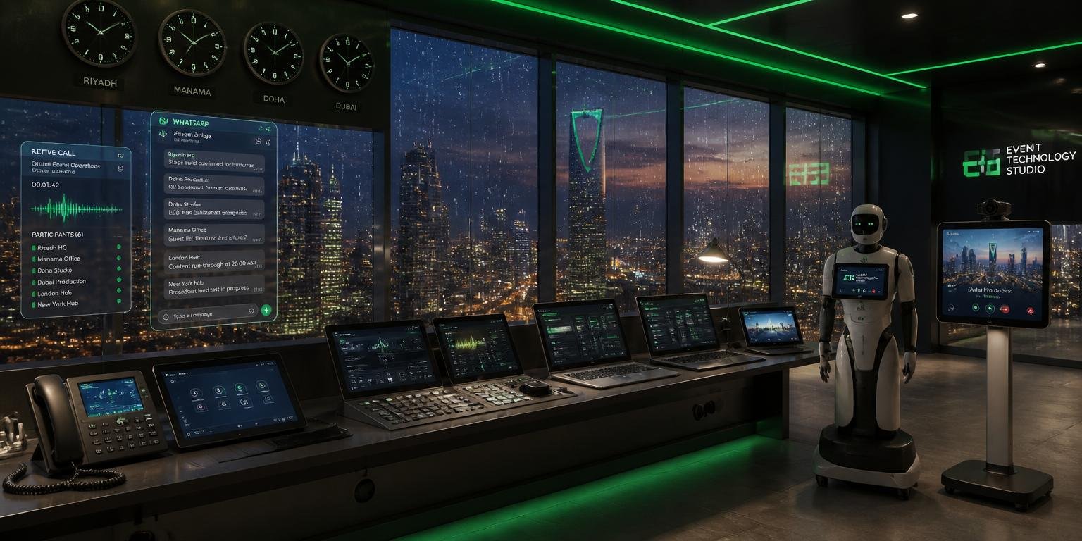 Communications bridge overlooking a Gulf city skyline with holographic call interfaces