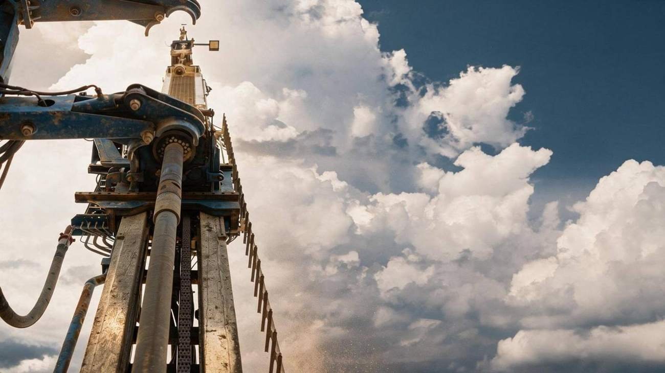 Close view of a drilling rig on an industrial work site, mast and drive machinery
