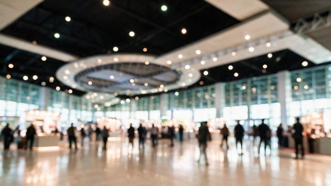 Defocused exhibition event hall with stand lighting and visitor movement