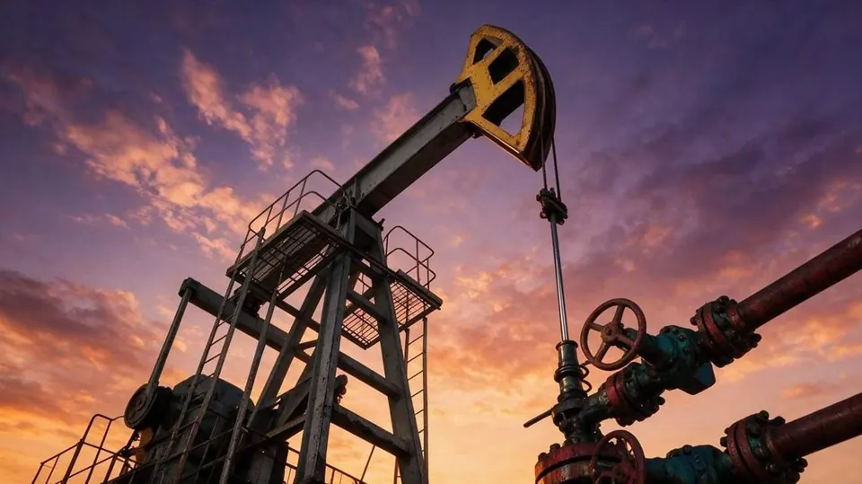 Oil field pump unit against a sunset sky, heavy industrial equipment in silhouette