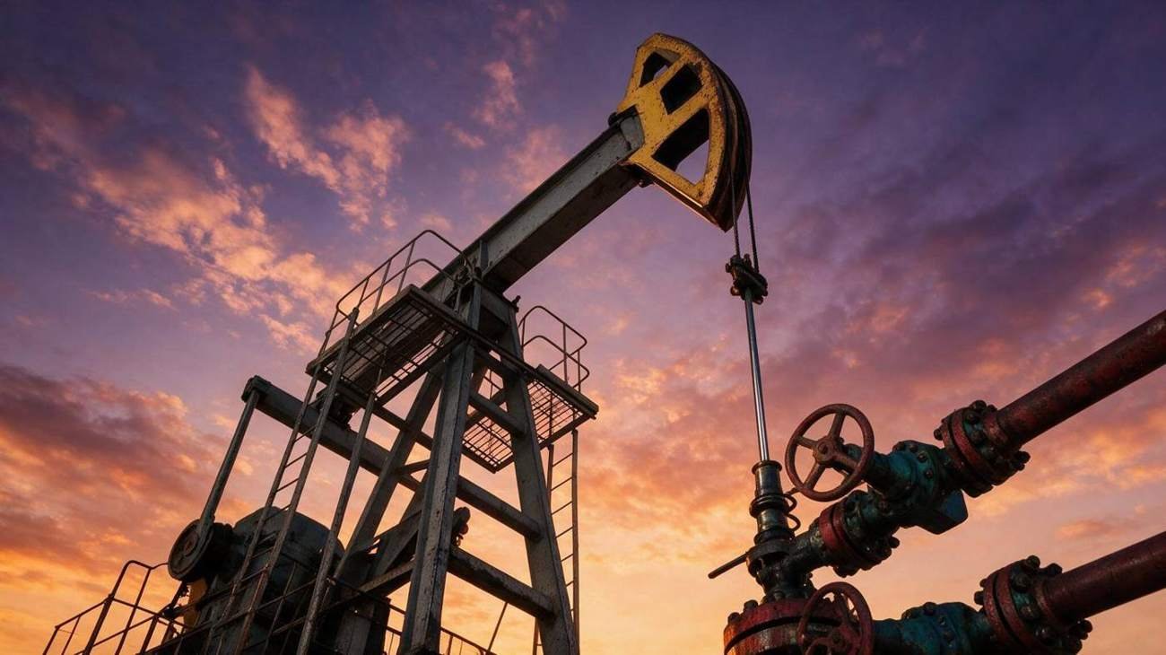 Oil field pump unit against a sunset sky, heavy industrial equipment in silhouette