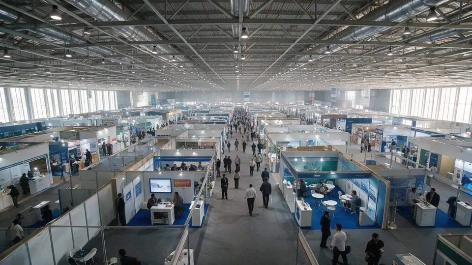 Trade show floor with rows of exhibition stands and booth structures
