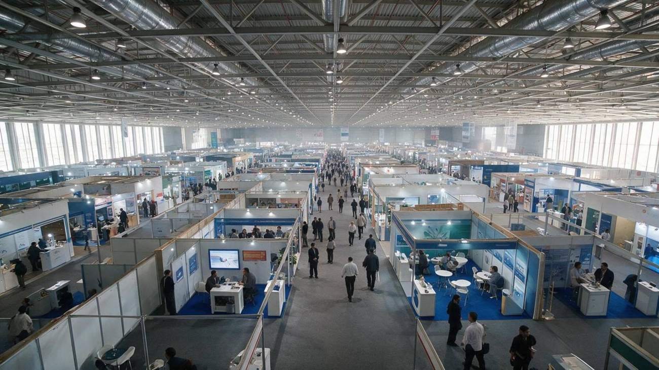 Trade show floor with rows of exhibition stands and booth structures