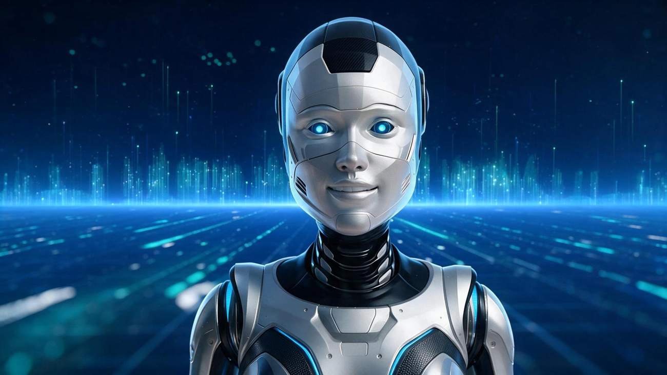 AI digital human avatar on a glowing data horizon, welcoming visitors at a technology exhibition