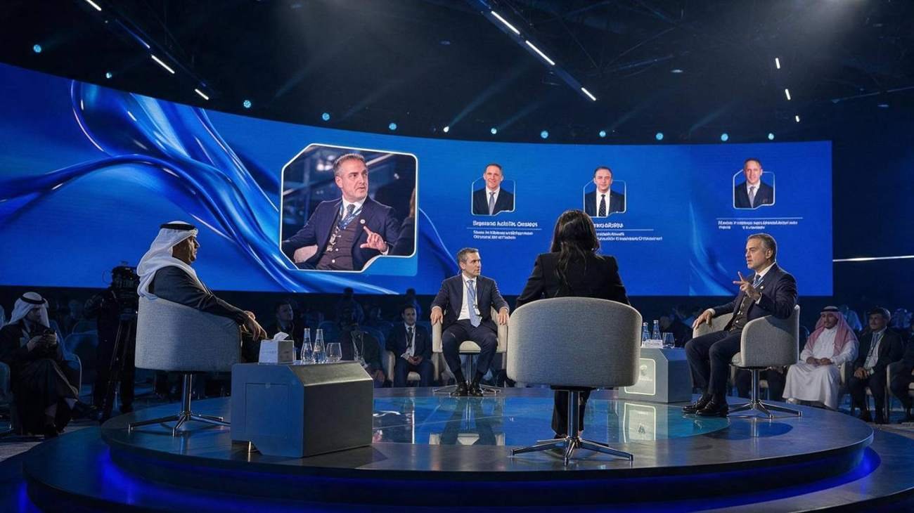 Panel discussion on a circular stage with a giant curved LED backdrop at a GCC business forum