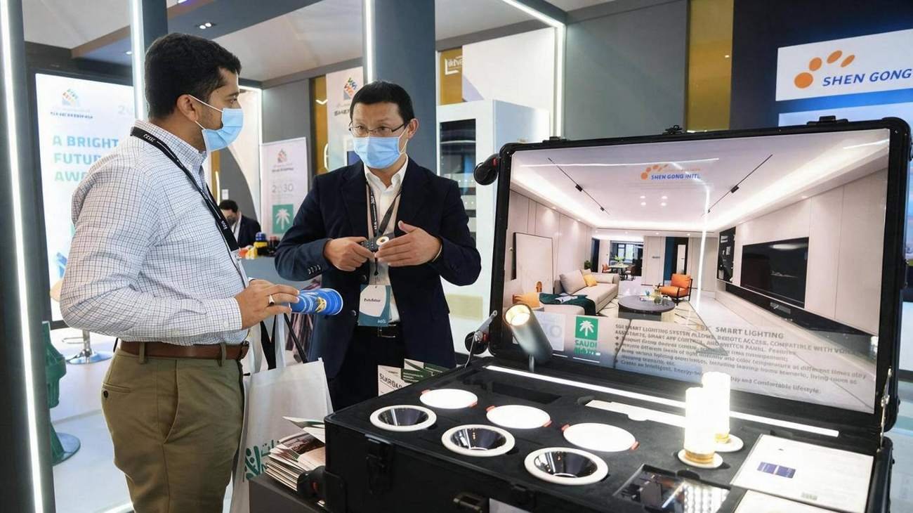 Exhibitors demonstrating a smart lighting flight case with a large interior display at an exhibition booth