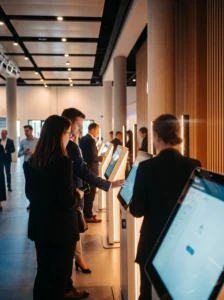 Visitors using FAIM interactive touchscreen kiosks at an event