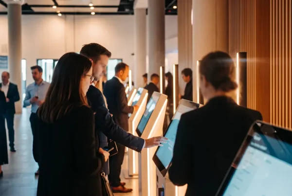 Visitors using FAIM interactive touchscreen kiosks at an event