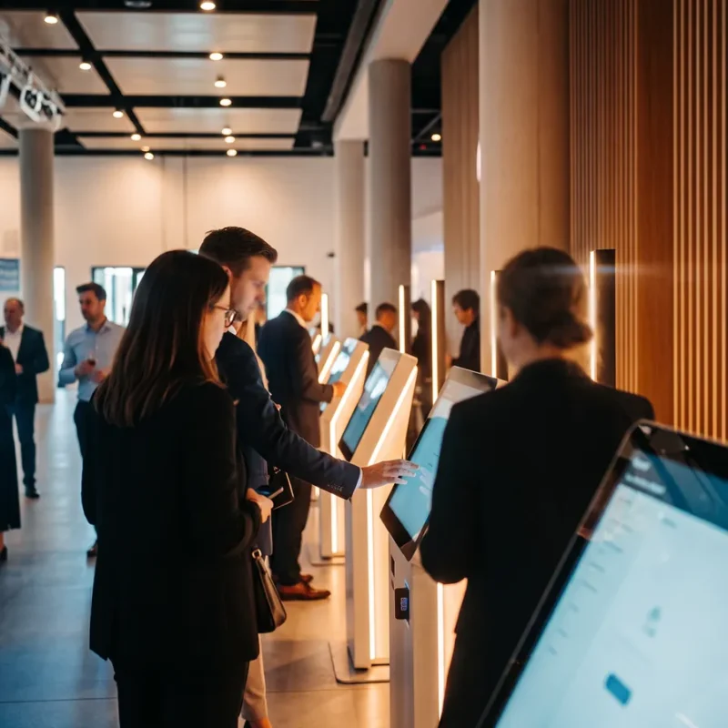 Visitors using FAIM interactive touchscreen kiosks at an event