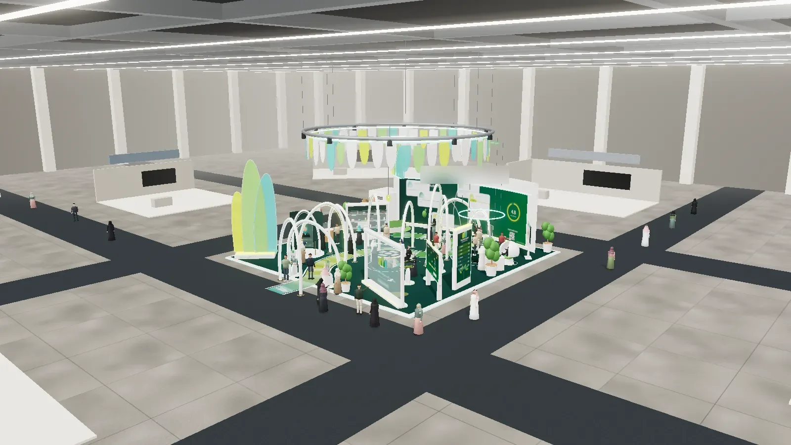 Aerial view of a 3D exhibition pavilion model in a virtual hall