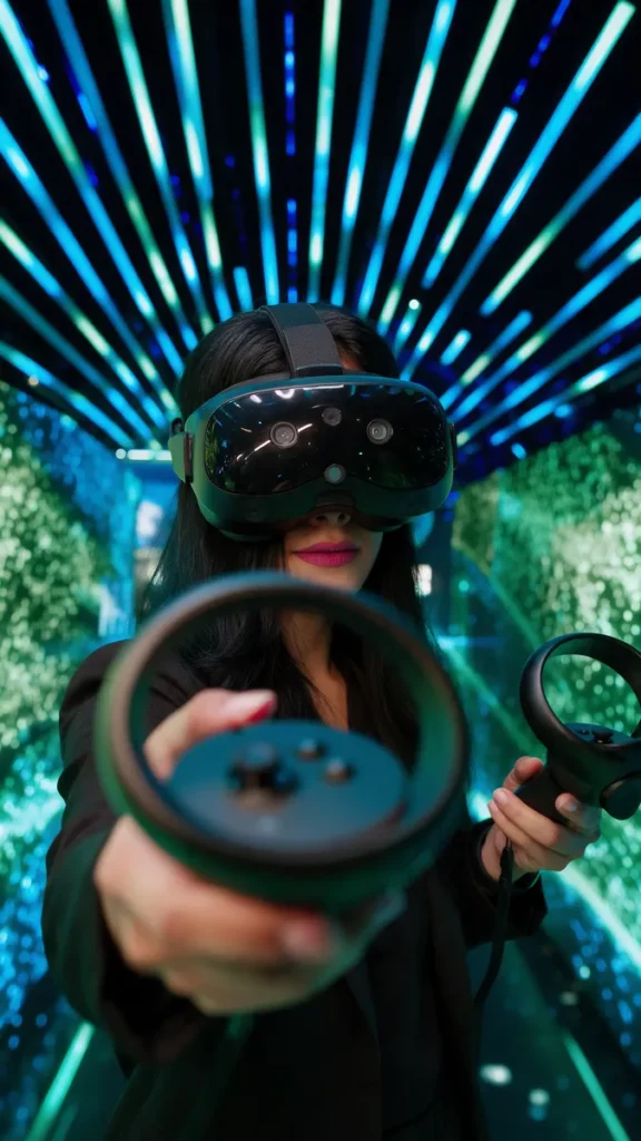 A visitor in a VR headset inside a FAIM immersive light tunnel