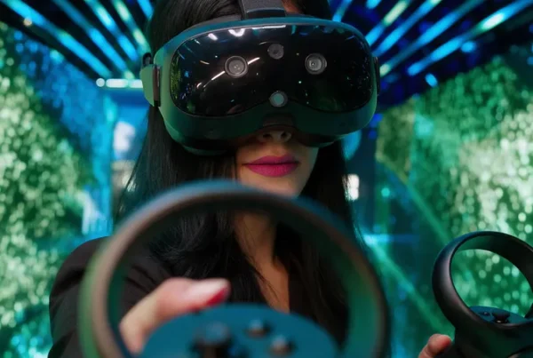 A visitor in a VR headset inside a FAIM immersive light tunnel