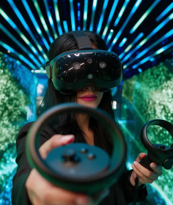 A visitor in a VR headset inside a FAIM immersive light tunnel