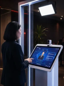 A guest checking in at a FAIM AI registration kiosk with face recognition camera