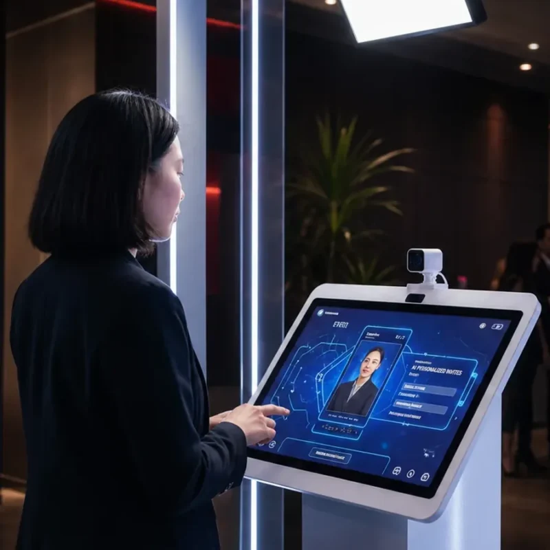 A guest checking in at a FAIM AI registration kiosk with face recognition camera