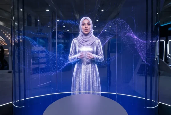 A life-size AI hologram host presenting inside a curved transparent LED booth at an exhibition