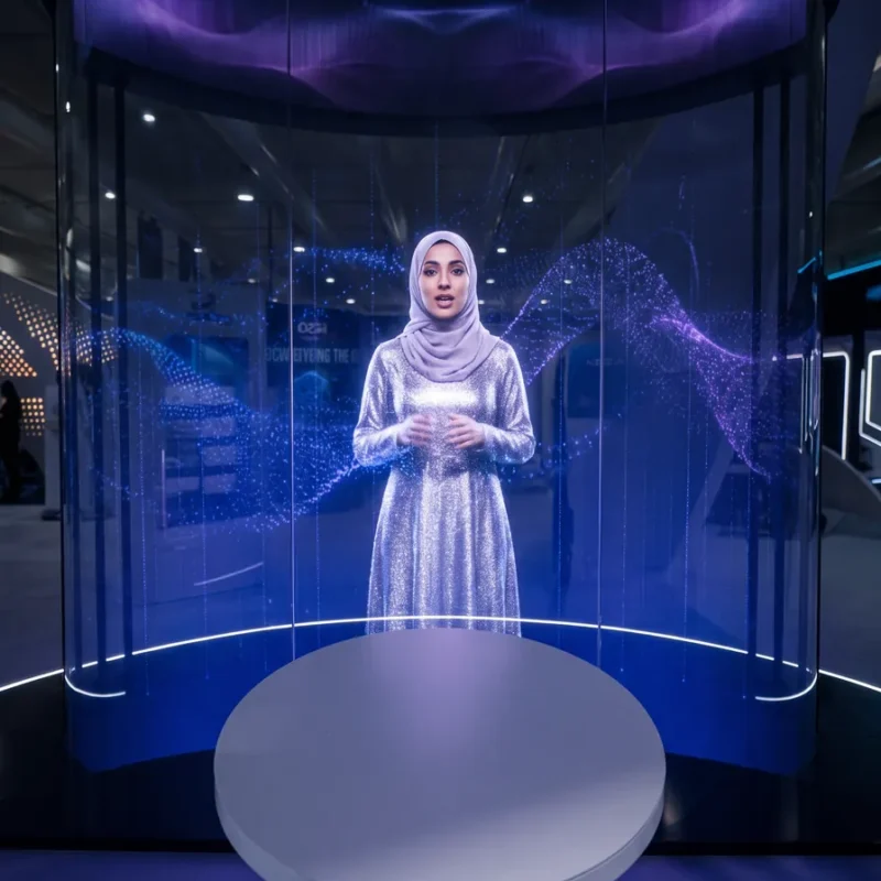A life-size AI hologram host presenting inside a curved transparent LED booth at an exhibition
