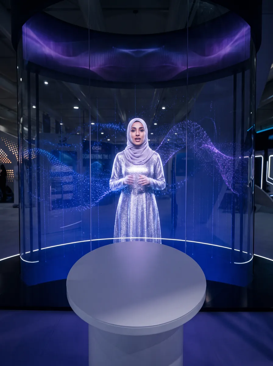 A life-size AI hologram host presenting inside a curved transparent LED booth at an exhibition