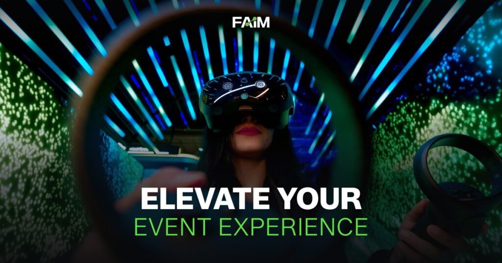Visitor in a VR headset inside a FAIM immersive light tunnel. Elevate your event experience.