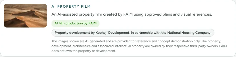 AI property film tile with FAIM production credit, developer credit and AI-generated image disclaimer