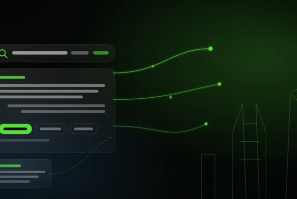 Illustration of an AI search answer card with source links, connected by data pathways to outlined Manama and Riyadh towers