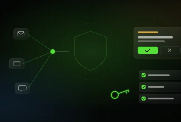 Illustration of connected email, payment and chat apps flowing into a security shield, beside a payment approval card and a list of completed security checks