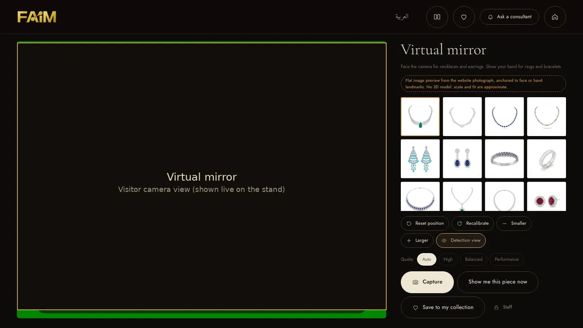 AR jewellery try-on virtual mirror with a piece selector for necklaces, earrings, rings and bracelets, plus capture and show-me-this-piece actions