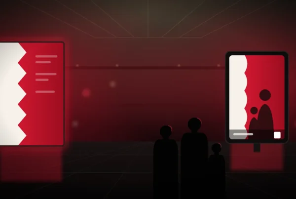 Illustration of a Bahrain mall atrium at night lit in red and white, with an LED message wall, a photo station screen and a family seen from behind