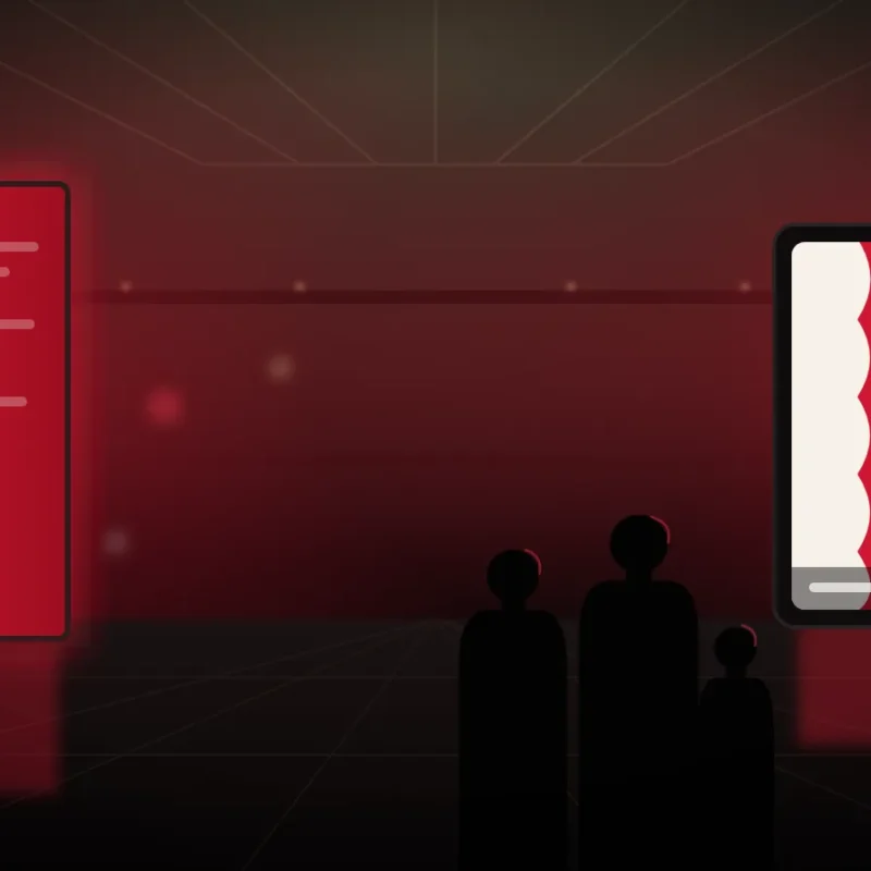 Illustration of a Bahrain mall atrium at night lit in red and white, with an LED message wall, a photo station screen and a family seen from behind