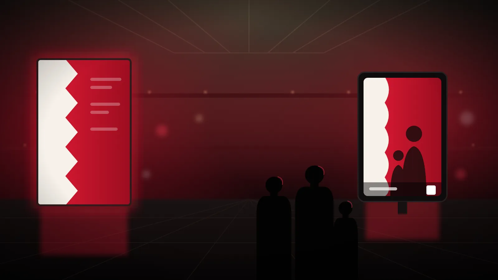 Illustration of a Bahrain mall atrium at night lit in red and white, with an LED message wall, a photo station screen and a family seen from behind