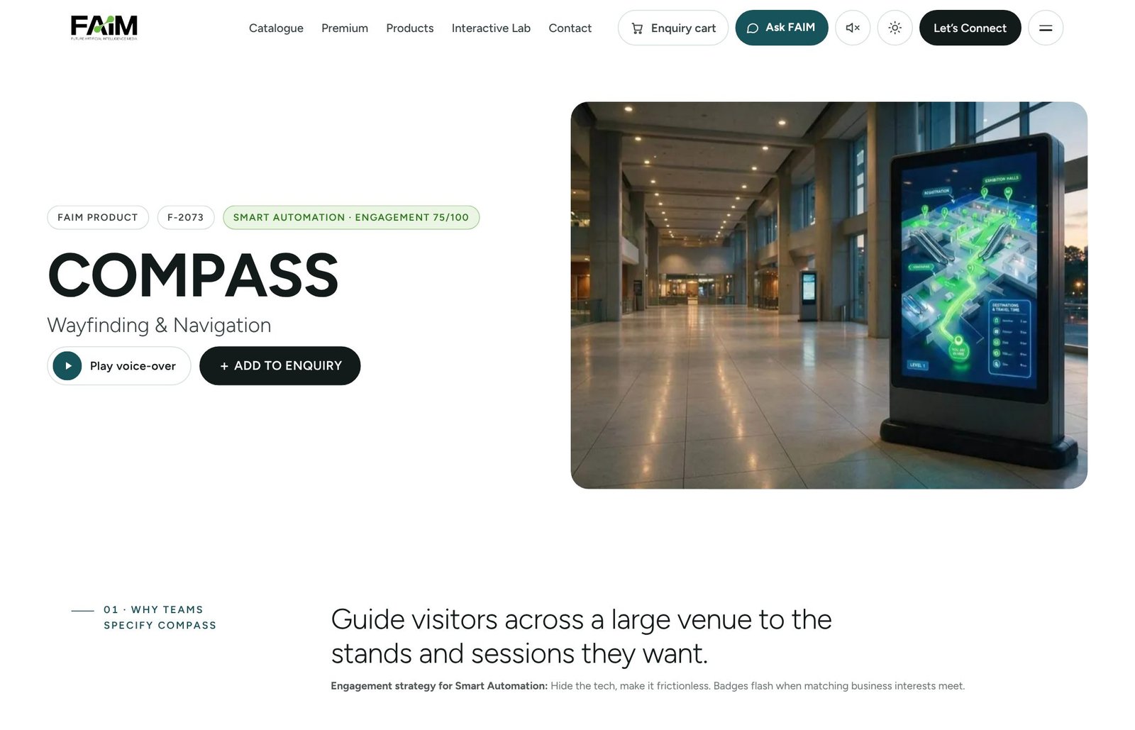FAIM COMPASS interactive wayfinder product page with touchscreen kiosk route map