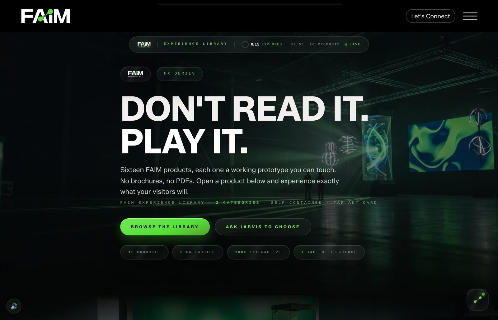 FAIM JARVIS Interactive Lab landing page reading Don't read it Play it
