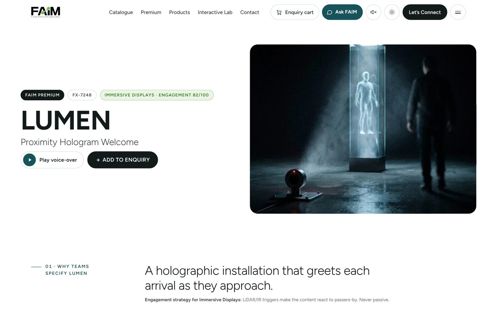 FAIM LUMEN proximity hologram welcome installation greeting an arriving visitor