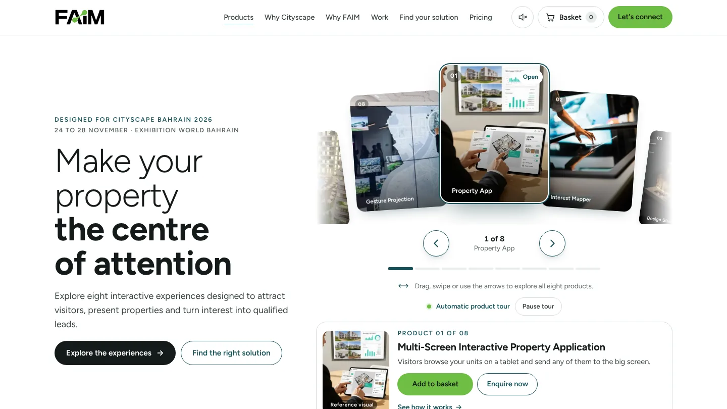 Automatic product tour running on the Cityscape experience home screen with a pause control under the product selector