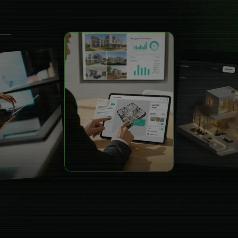 Eight FAIM interactive property experiences for Cityscape Bahrain 2026 arranged in an arc, with the property app selected