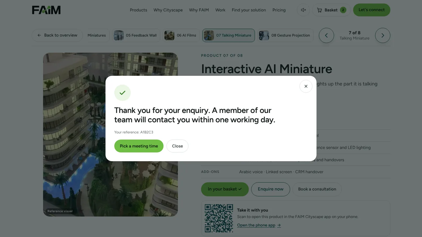 Enquiry confirmation message promising a reply from the FAIM team within one working day, with a Pick a meeting time button