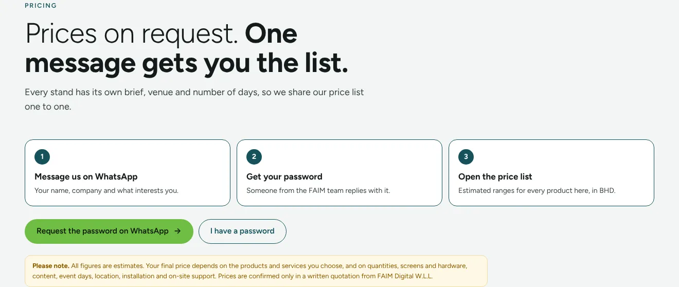 Cityscape pricing section: request a password on WhatsApp, receive it and open the estimated price list