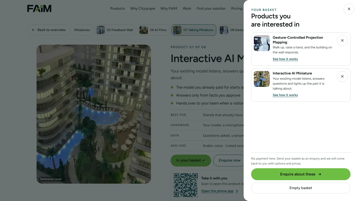 Product basket panel listing chosen Cityscape experiences with an Enquire about these button