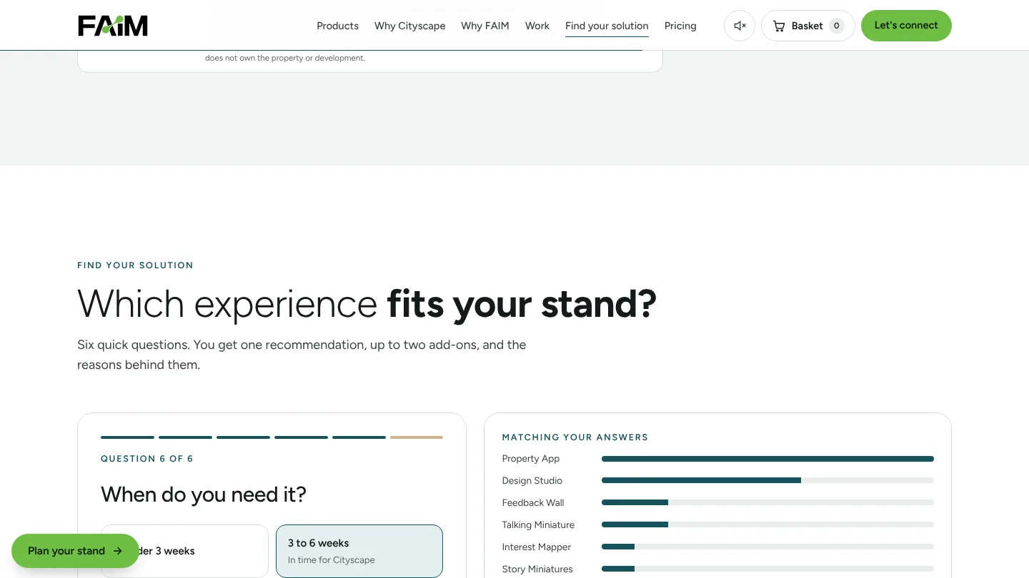 Solution recommender matching step with bars scoring the eight products against the answers given