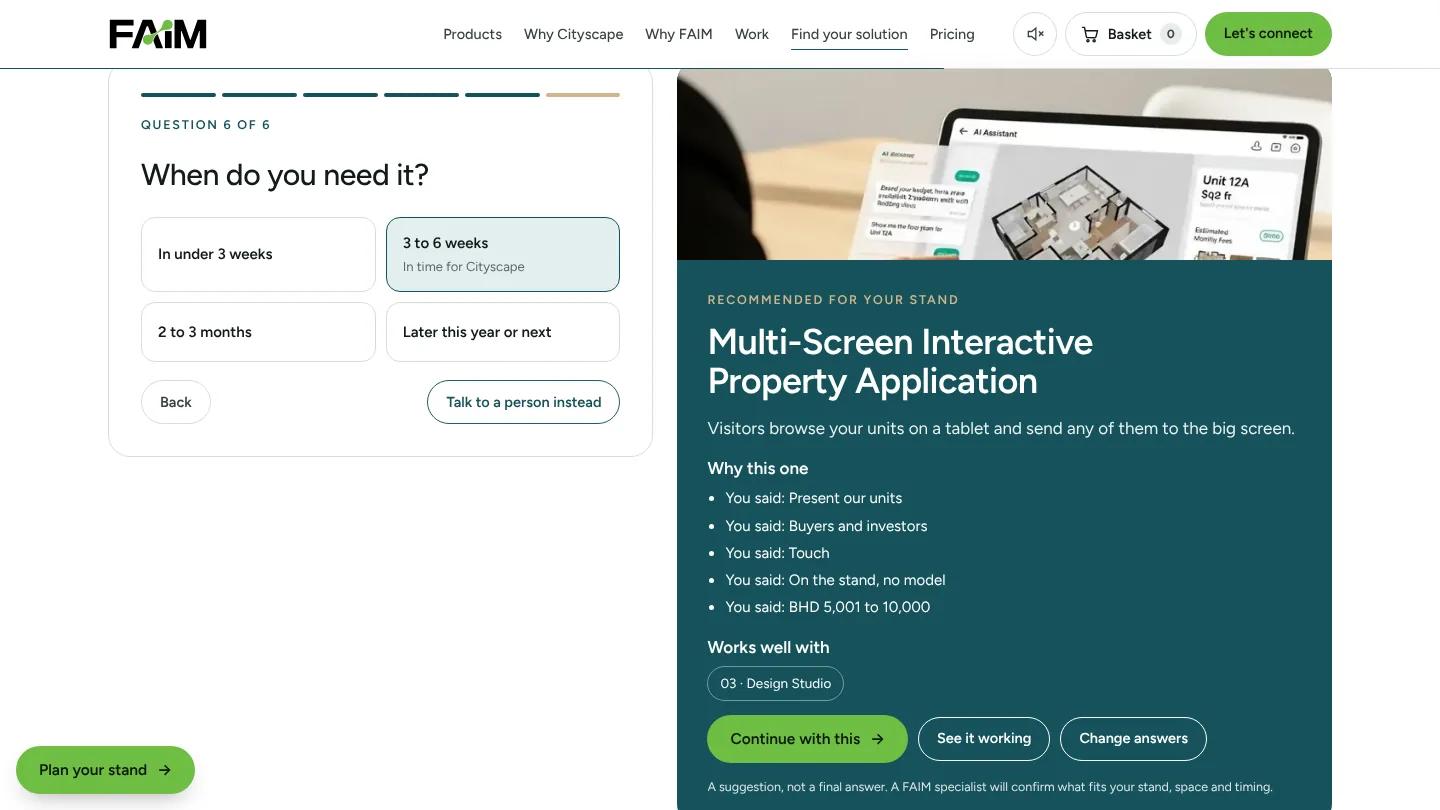 Solution recommender result recommending the property application with reasons and a Continue with this button