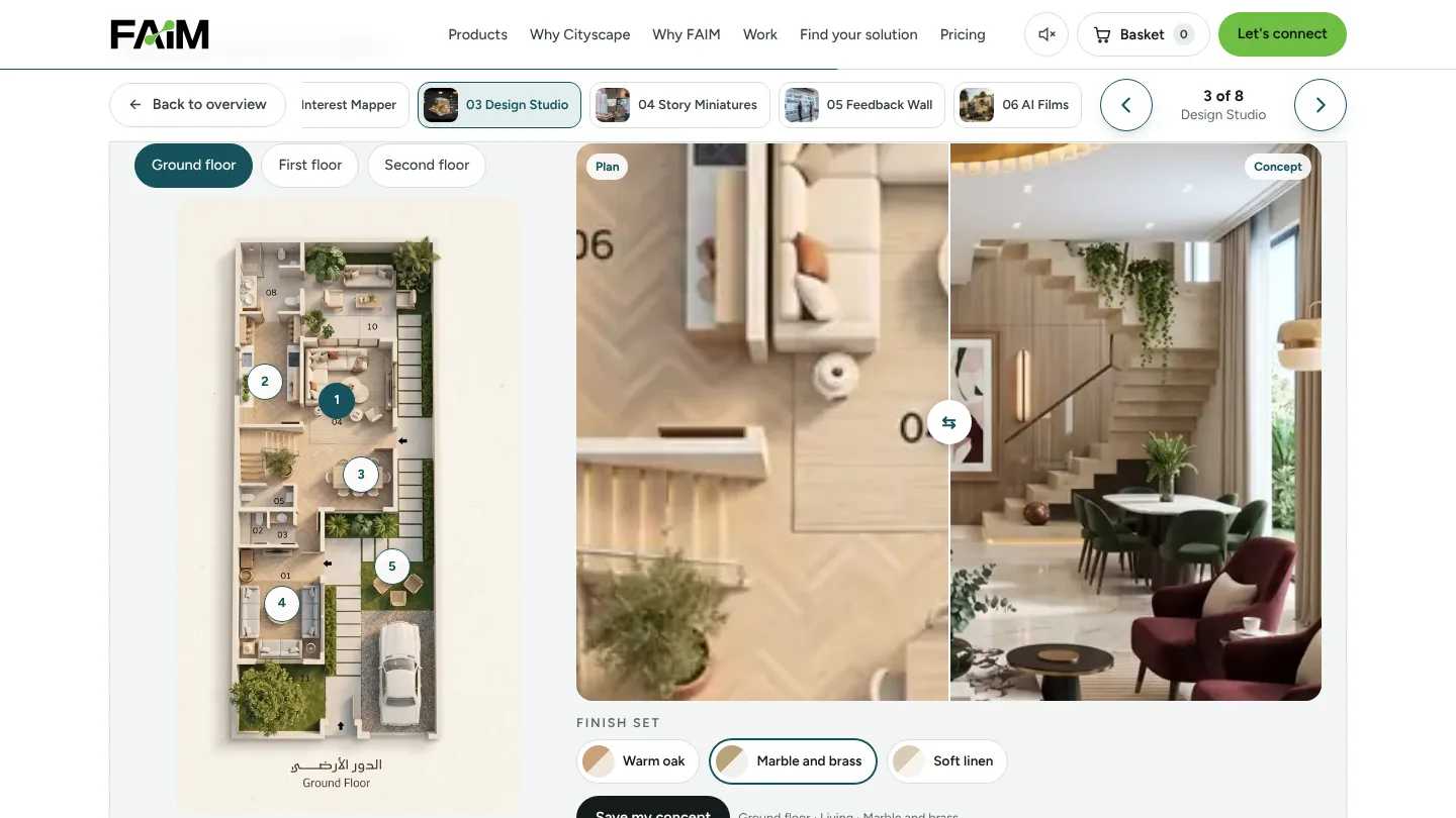 Design your dream property demo: villa floor plan with numbered rooms, plan and concept comparison slider and finish swatches