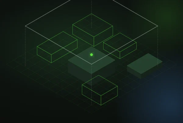 Isometric wireframe of an exhibition hall with booths and a truss grid, part solid and part outline