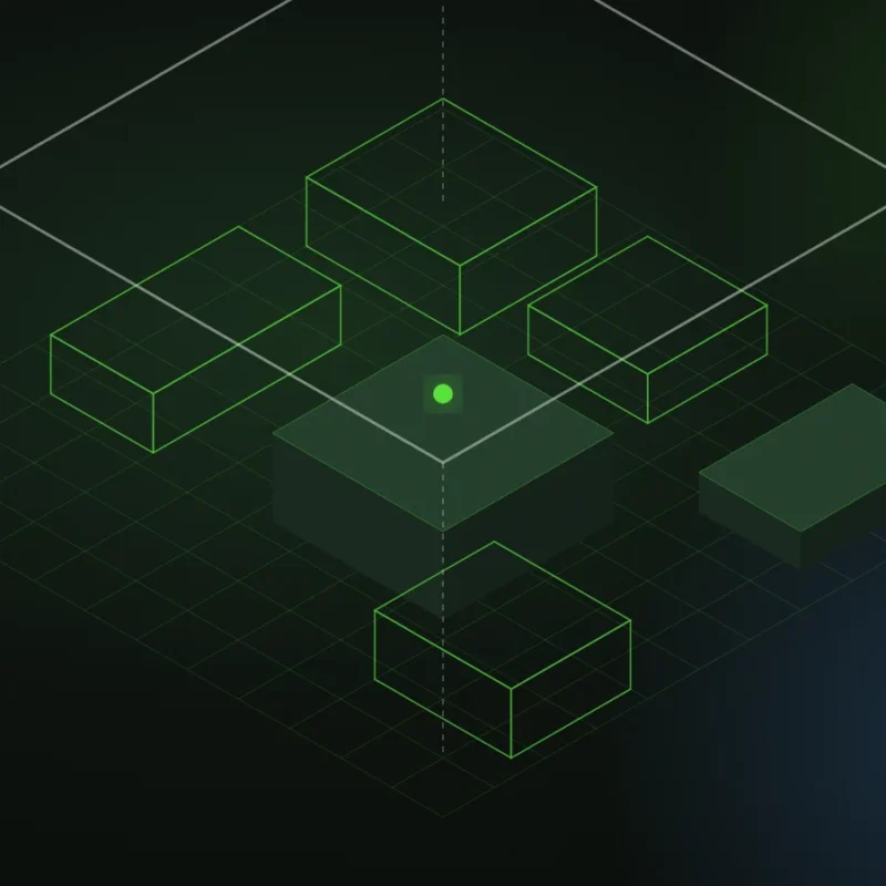 Isometric wireframe of an exhibition hall with booths and a truss grid, part solid and part outline