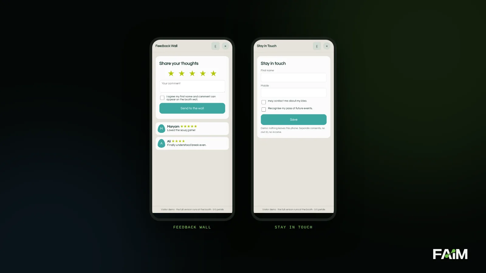 Phone screens of the feedback wall and the consent based contact form