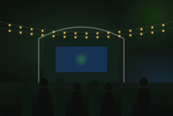 Illustration of a standing crowd in front of an arched stage under warm festoon lights