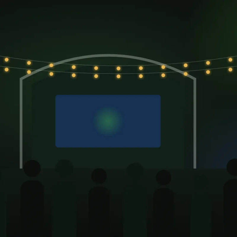Illustration of a standing crowd in front of an arched stage under warm festoon lights