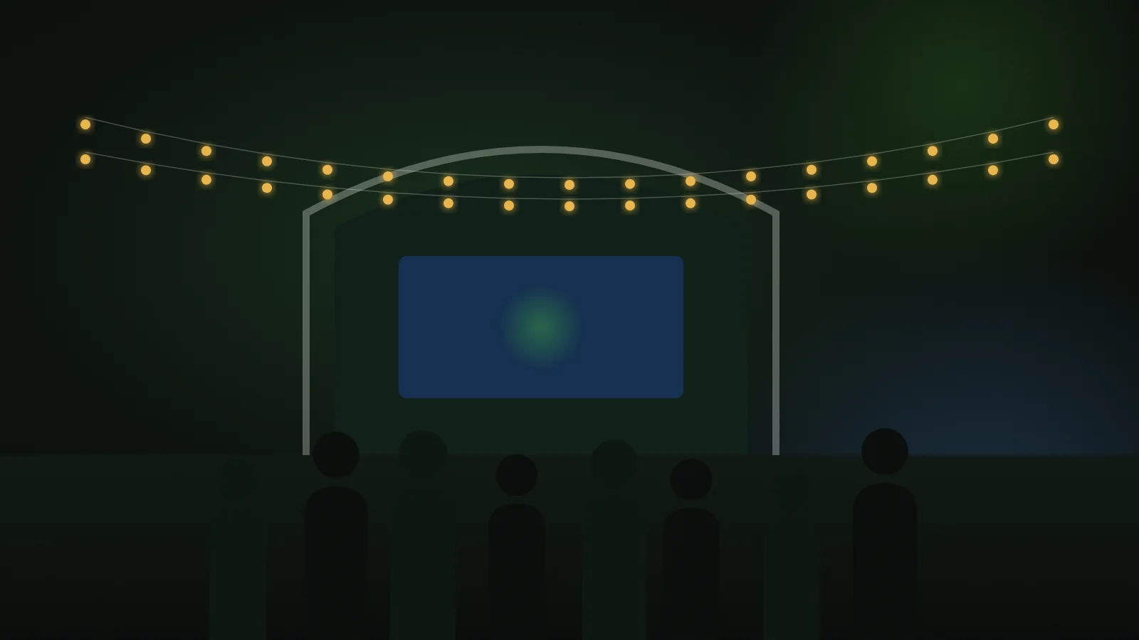 Illustration of a standing crowd in front of an arched stage under warm festoon lights